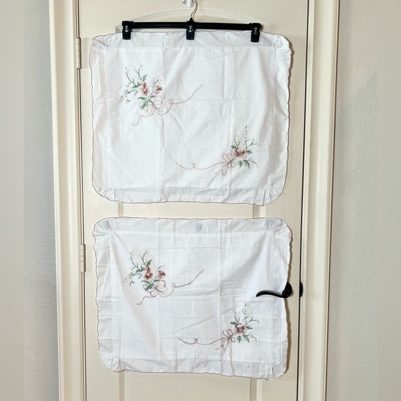 Other - Floral Embroidered pillow shams with pansies, Lilly of the valley and pink bows